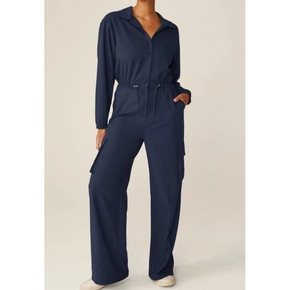 Beyond Yoga Jumpsuit Women's L Navy Coveralls Drawstring Waist Cargo‎ Wide Leg - Picture 1 of 14